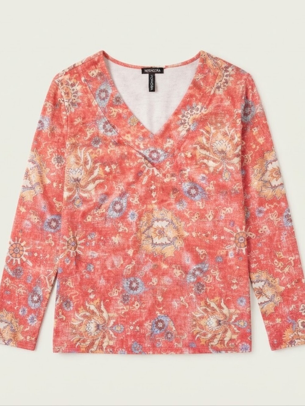 Noracora Women Red Boho Floral Print V-Neck Long Sleeve Top Blouse Size S